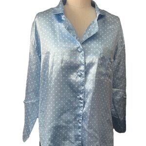 Robert Louis Wines Blue Polka Dot Pajama TOP Size Large Silk Blend Lace Dainty ￼